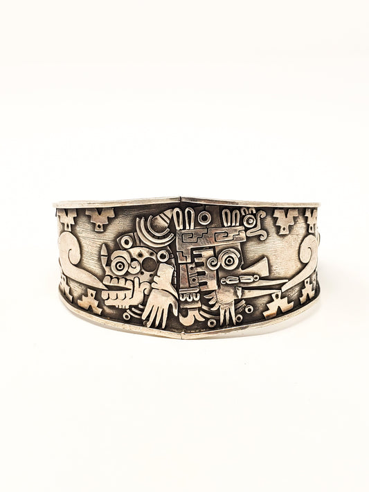 Miquiztli & Quetzalcoatl Duality Silver Cuff Bracelet