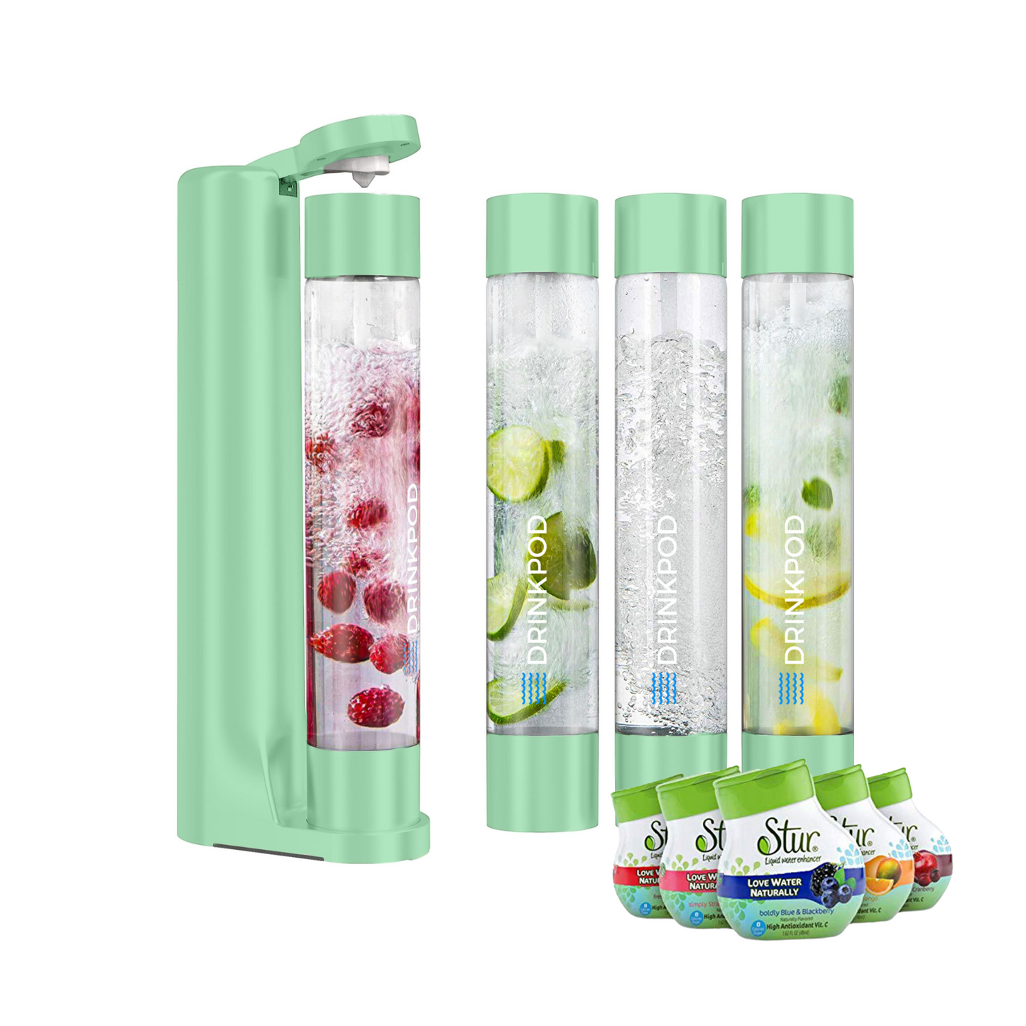 FIZZPod 1+ Soda Maker + Stur Water Flavor Enhancemer Pack by Drinkpod
