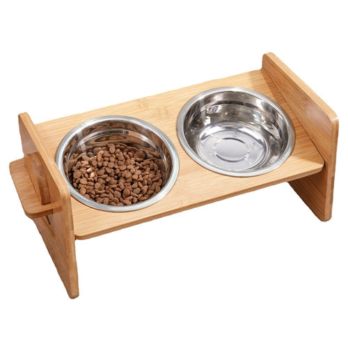 Bamboo Double Dog Raised Bowls 15° Tilt Elevated Dog Bowls with 4 Adjustable Heights 2 Stainless Steel Bowls Pet Feeder for Dogs Cats Rabbits by VYSN