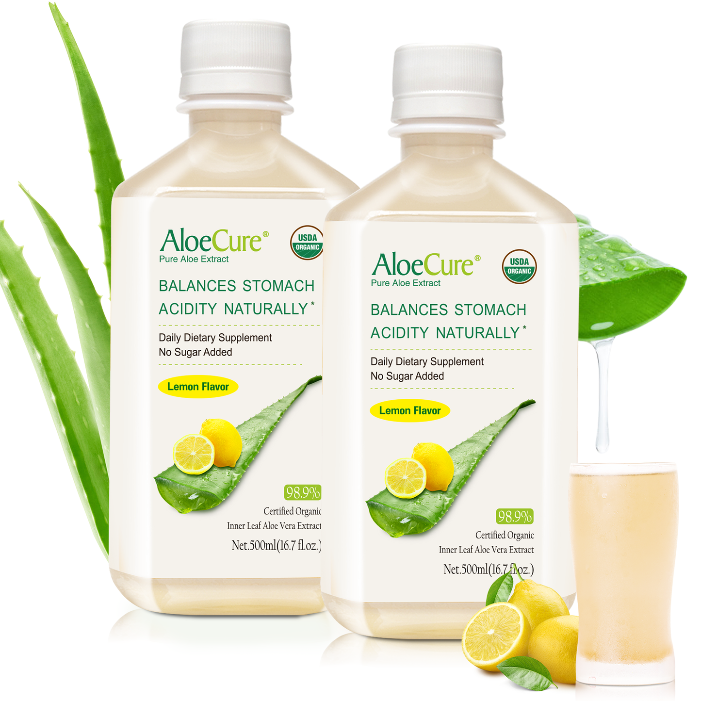 Pure Aloe Vera Juice, All-In-One Digestive and Immune System Support,  USDA Certified Organic, Lemon Flavor, 16.7 fl oz