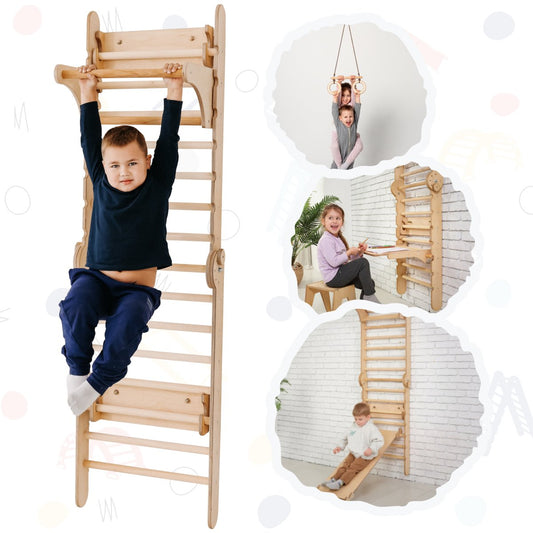 5in1: Wooden Swedish Wall / Climbing ladder for Children + Swing Set + Slide Board + Art Add-on by Goodevas