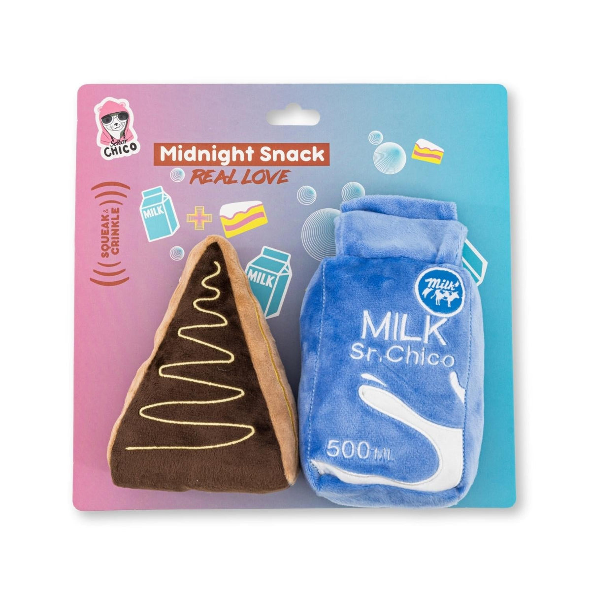 Midnight Snack Two-Piece Plush Dog Toy Gift Set: Cake Slice and Milk Design by American Pet Supplies