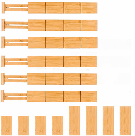 Bamboo Drawer Organizer Dividers, Expandable, Set of 6 with 8 Connectors by ecozoi
