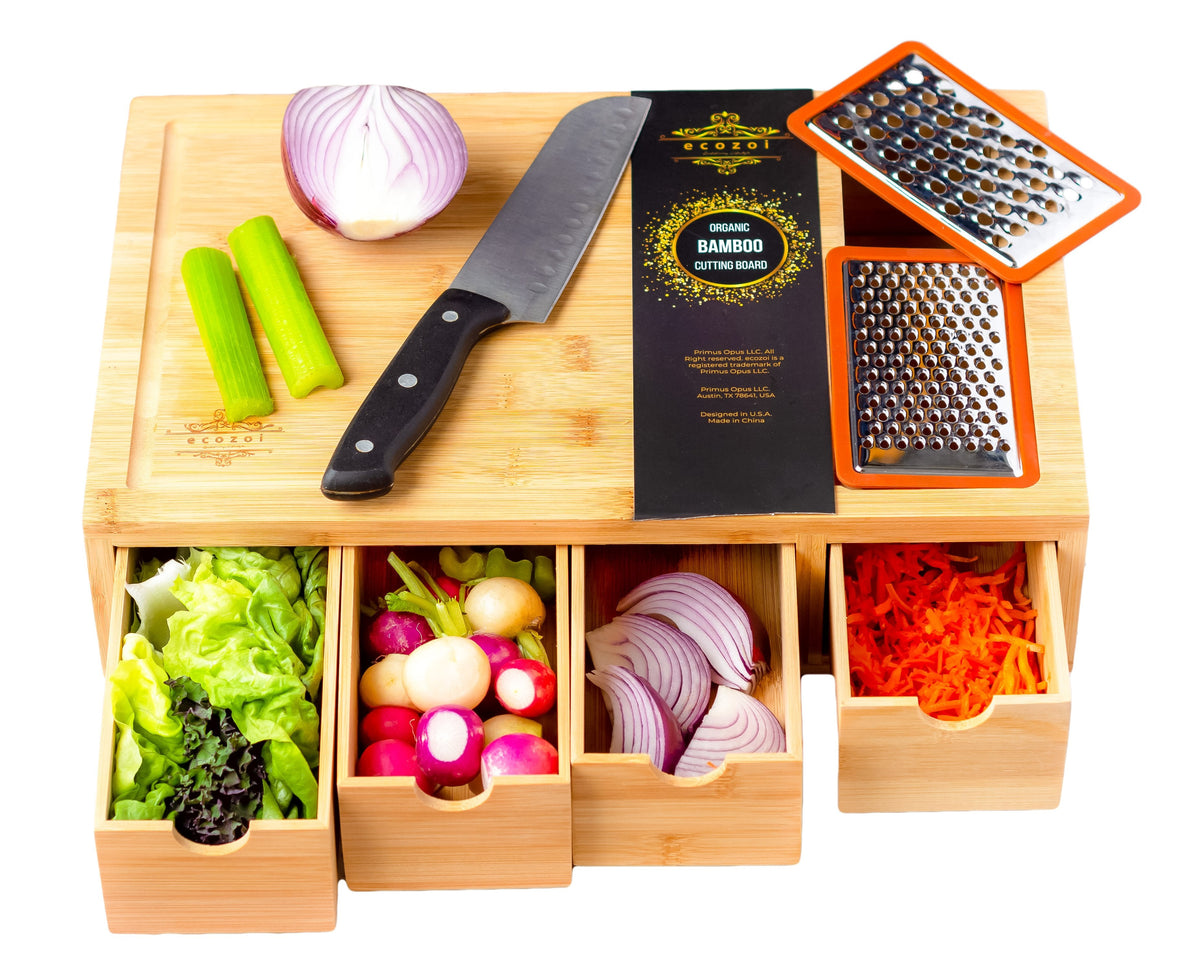 Bamboo Cutting Board with 4 Organizing Trays and 2 Graters by ecozoi