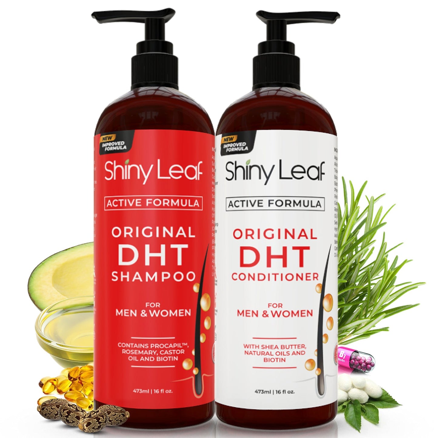 DHT Blocker Anti Hair Loss Shampoo and Conditioner set with Biotin (2 x 16 Oz) by Shiny Leaf