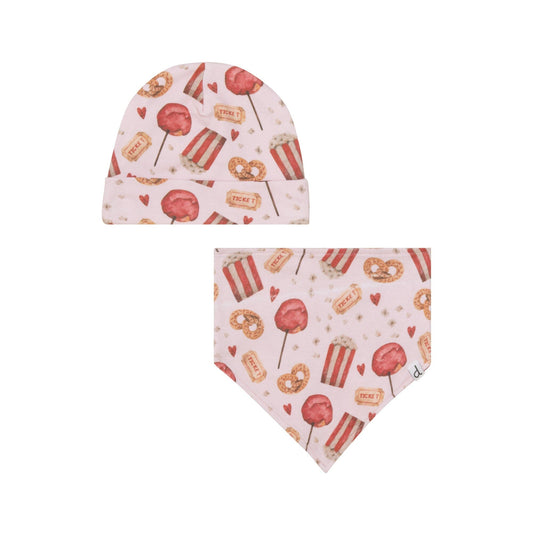 Organic Cotton Printed Hat & Bib Set Light Pink Popcorn & Lollipop by Deux par Deux