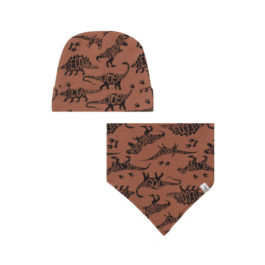 Organic Cotton Printed Hat & Bib Set Chocolate Dinosaurs by Deux par Deux
