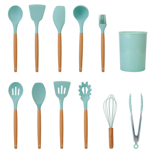 11-Piece Silicone Cooking Utensil Set with Heat-Resistant Wooden Handle - Spatula, Turner, Ladle, Spaghetti Server, Tongs, Spoon, Egg Whisk, and more! - Light Green by VYSN