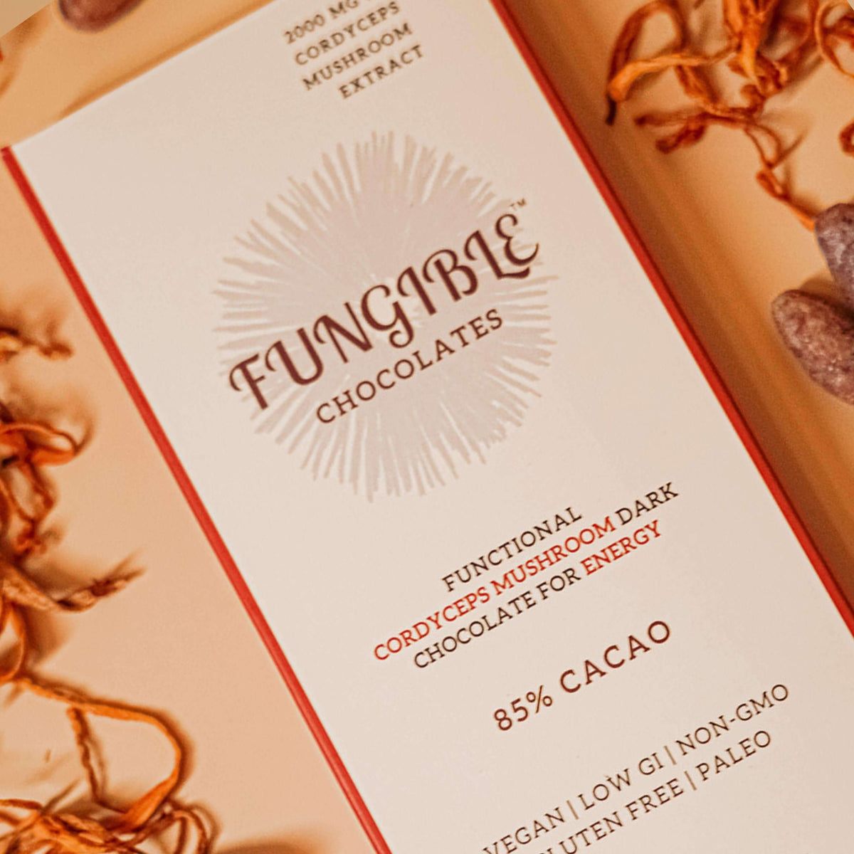 Functional Cordyceps Mushroom Dark Chocolate Bar for Energy (85% cacao) by Fungible Chocolates