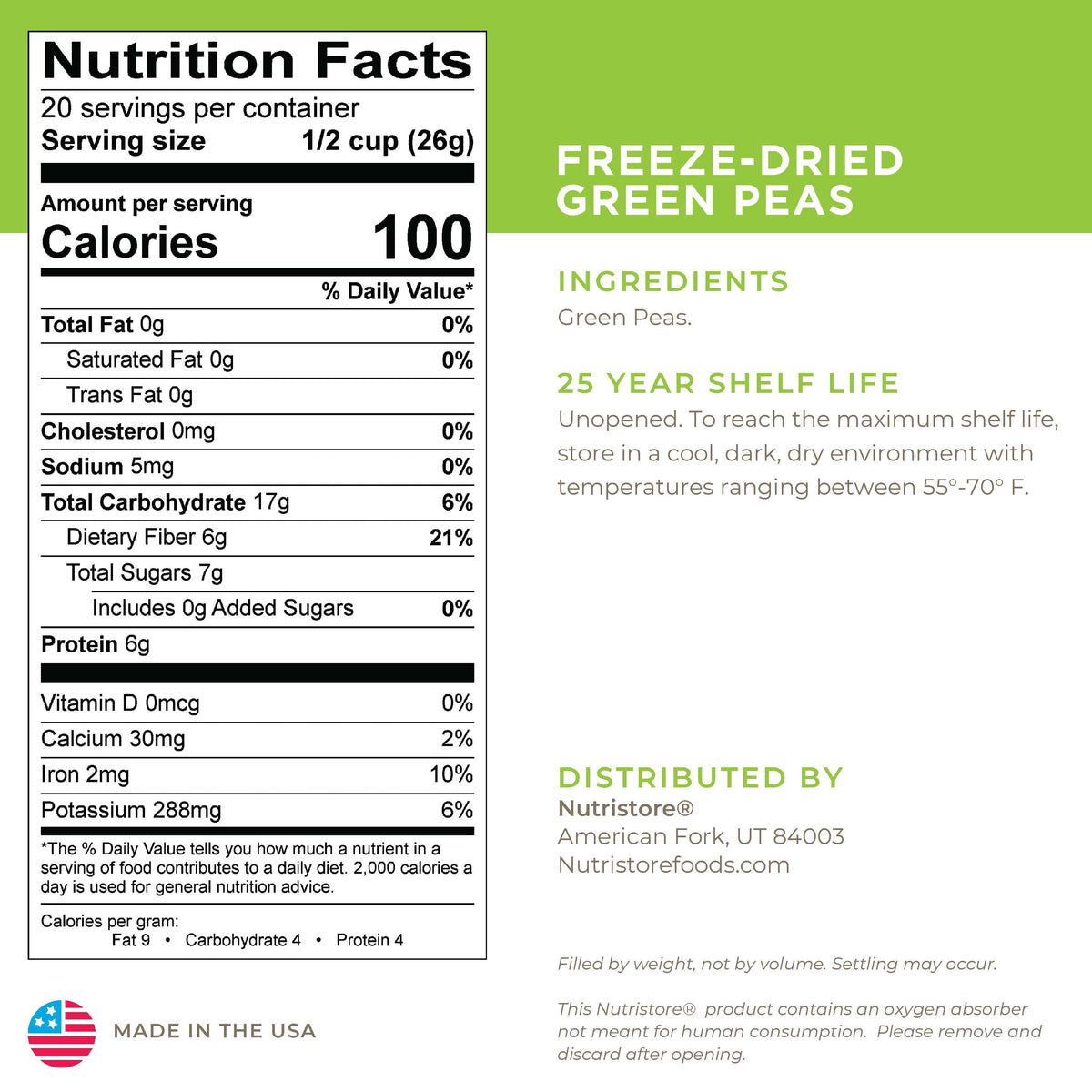 Green Peas Freeze Dried - #10 Can by Nutristore
