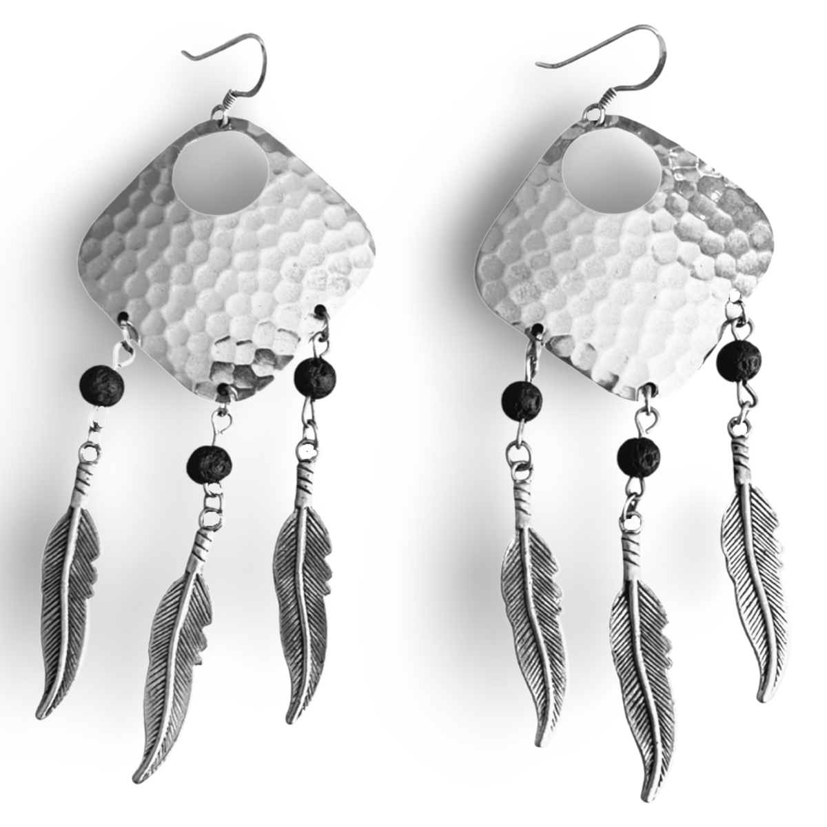 Silver Dream Catcher Earrings with Feathers and Black Lava Rocks by The Urban Charm by The Urban Charm