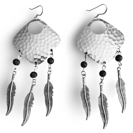Silver Dream Catcher Earrings with Feathers and Black Lava Rocks by The Urban Charm by The Urban Charm