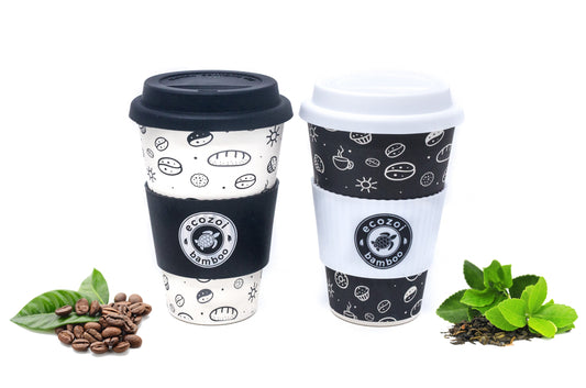Reusable Bamboo Coffee Cups with Silicon Lid and sleeve, 16 oz, Set of 2 by ecozoi