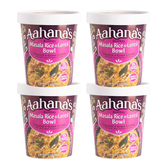 Aahana's Bombay Masala Rice & Lentil Bowl (Khichdi) - Gluten-Free,  15g Plant-Based Protein, Vegan, Non-GMO, Ready-to-Eat Meal (2.3oz., Pack of 4)