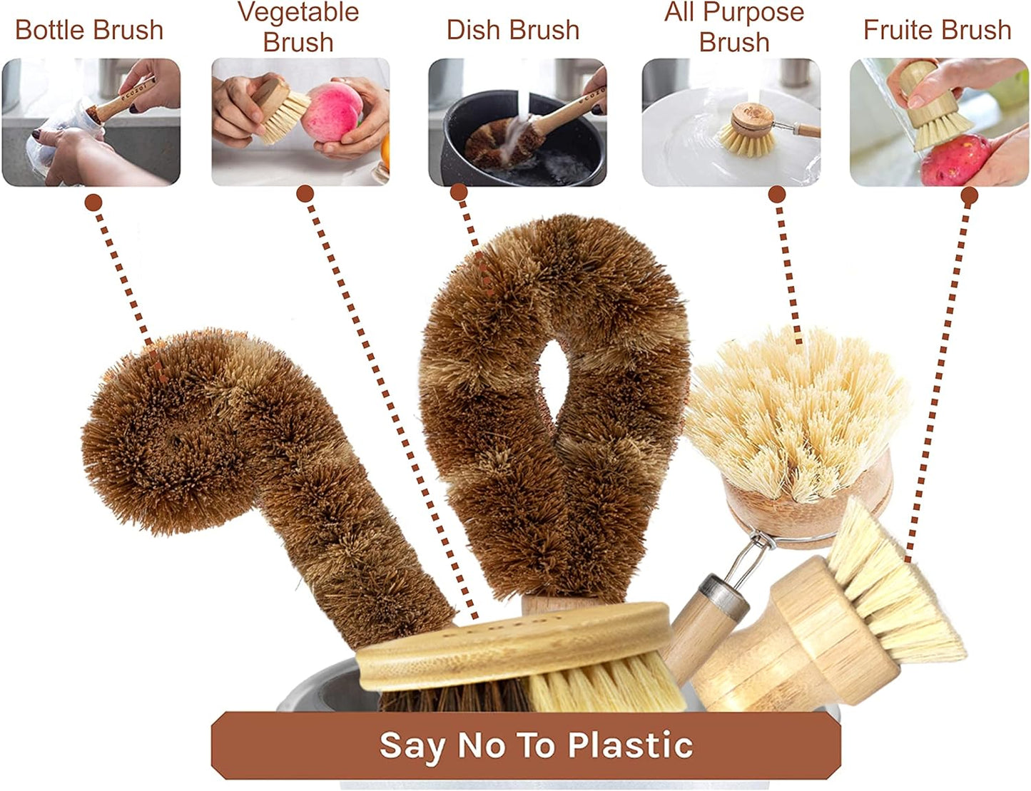 Dish Brush Set, 6 Piece Kitchen Scrub Brush Set, Plant Based Vegetable Brush Set by ecozoi