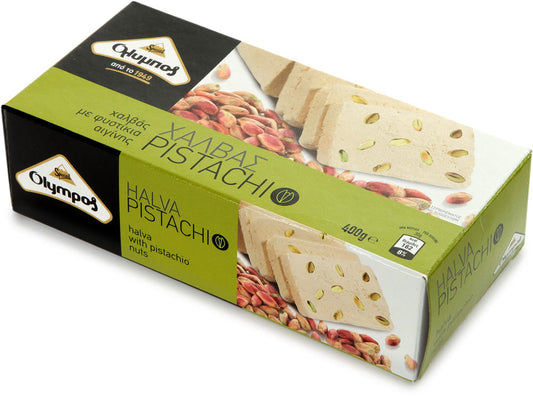 Olympos Pistachio Halva: A Rich and Savory Greek Treat Made with Authentic Ingredients and Expert Care - 14.11 oz / 400gr by Alpha Omega Imports
