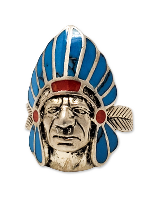 Native Chief Turquoise and Red Coral Ring