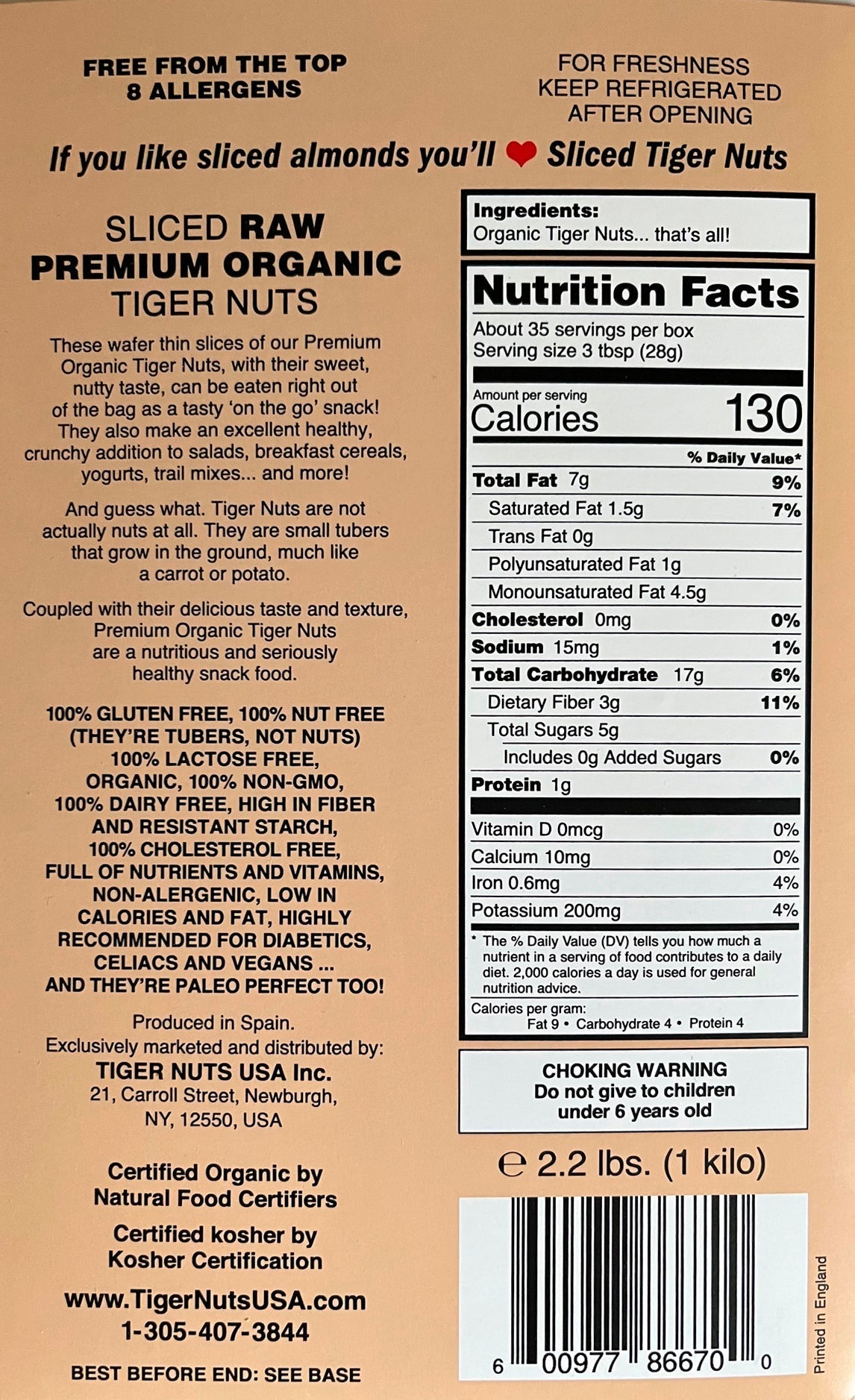 Tiger Nuts Sliced Tiger Nuts in Kilo (2.2 lbs) bag - 10 bags by Farm2Me