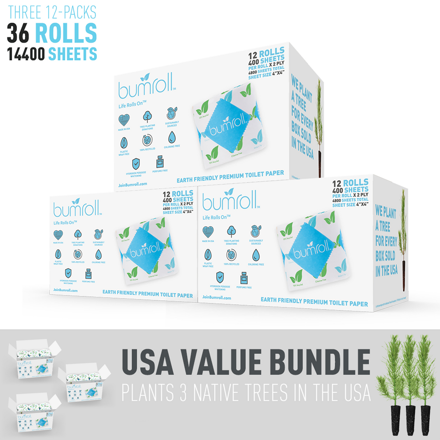 Bumroll Premium Toilet Paper, Made In The USA, With US & North American Materials, 100% Recycled, Chlorine Free, PBA Free, Plants Trees In The USA by Join Bumroll