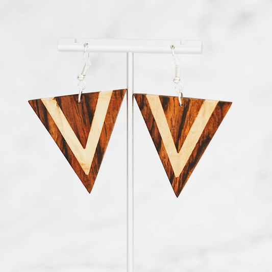 Large Dual-Tone Wood Triangle Earrings by Upavim Crafts