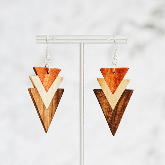 Tri-Tone Arrowhead Wood Earrings by Upavim Crafts
