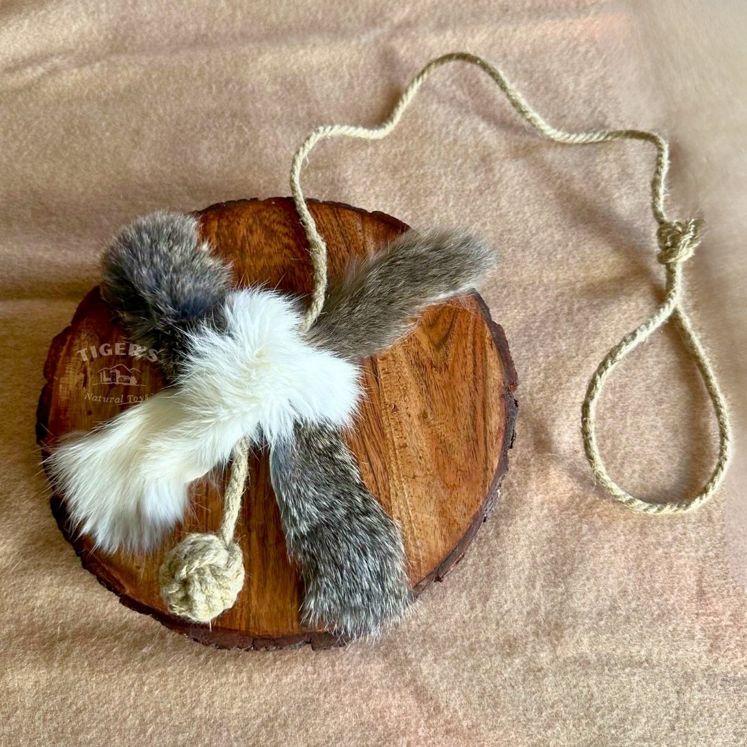 Rabbit Fur Cat Toy with Natural Hemp Rope, Handmade Cat Chase Toy