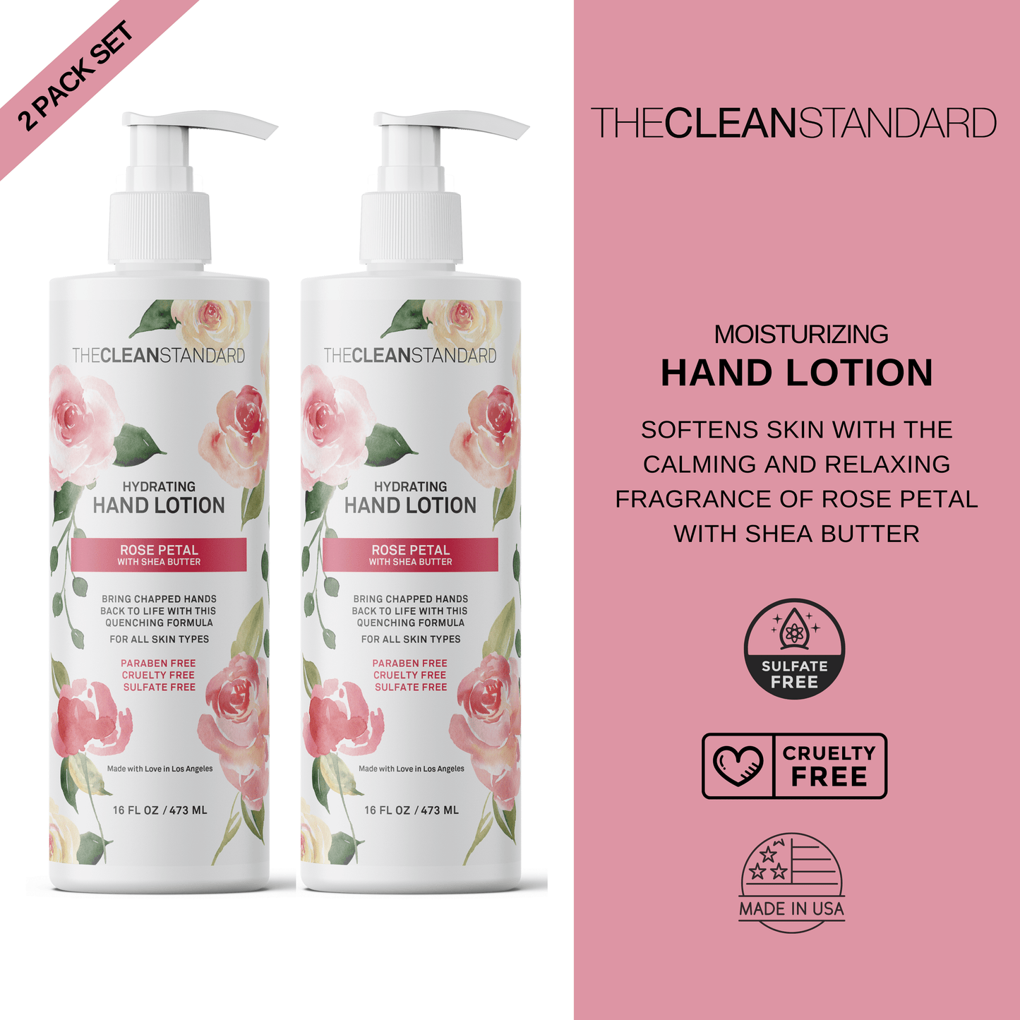 Moisturizing Hand Lotion for Dry Skin and Moisturizer with Shea Butter, Rose Flower Oil | Hydrating Non Greasy Hand Cream for Women and Men by THE CLEAN STANDARD | 2 Bottle Set x 16 fl oz with Lotion Pump by  Los Angeles Brands