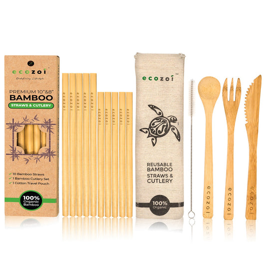 Organic Bamboo Straws and Cutlery Set with Cotton Travel bag by ecozoi