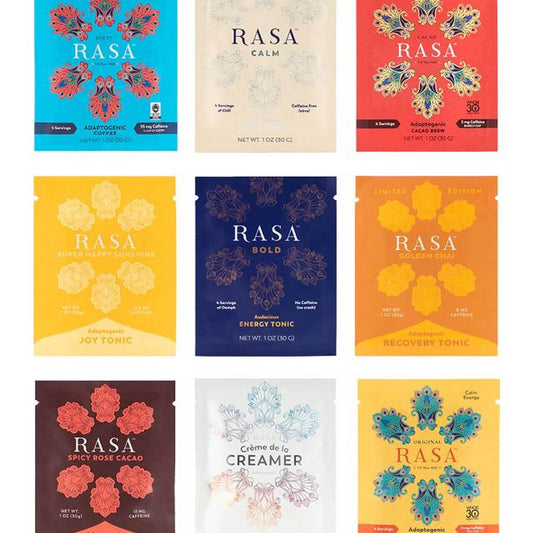 Rasa Ritual Sample Pack, Adaptogenic Plant-Powered Coffee Alternative, 32 Servings, 9 Flavors, 1 Oz Packets - LoveMore