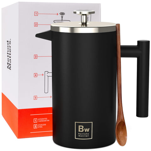 French Press with Thermometer Insulated Stainless Steel Coffee Maker (1.0L | 34fl oz) by Barista Warrior