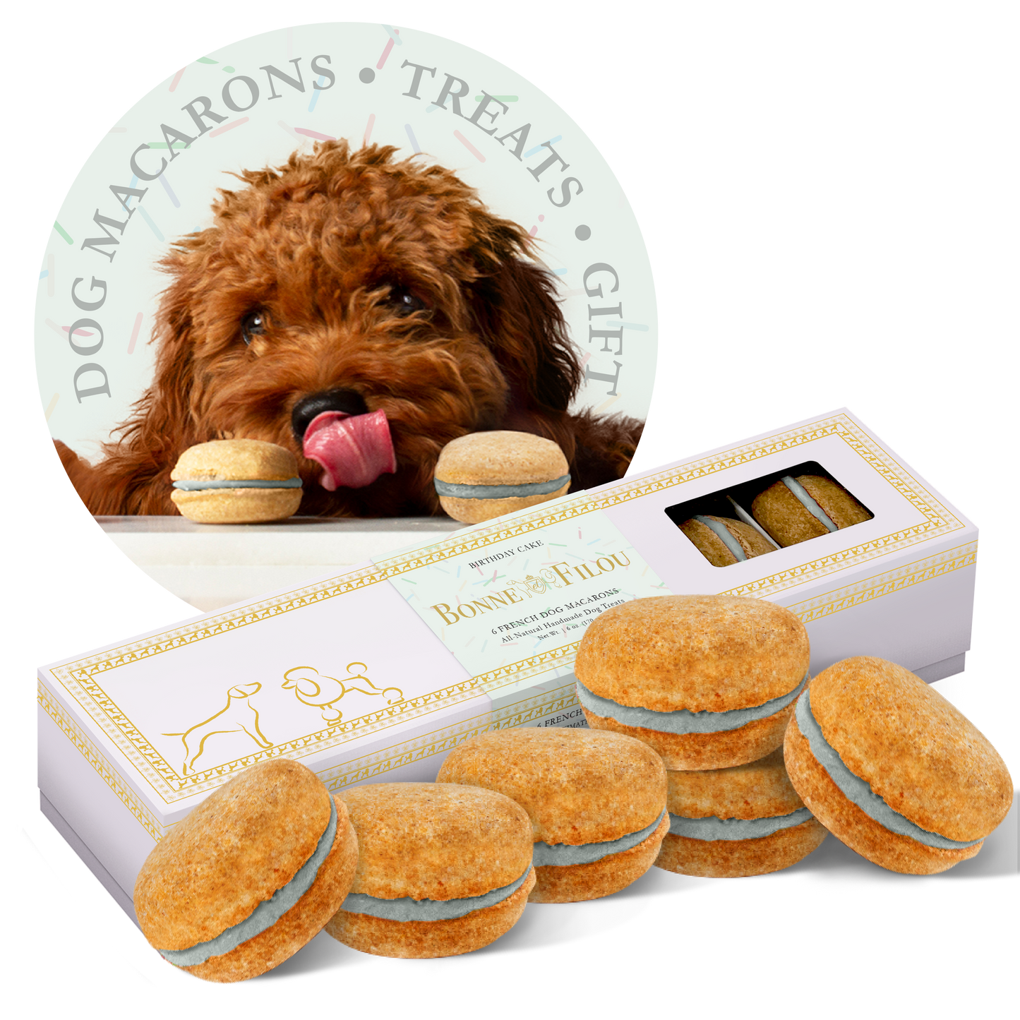 Dog Macarons (Count of 6 - window in packaging) by Bonne et Filou