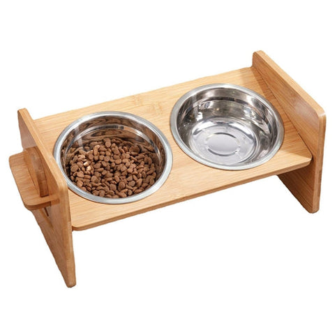 Bamboo Double Dog Raised Bowls 15° Tilt Elevated Dog Bowls with 4 Adjustable Heights 2 Stainless Steel Bowls Pet Feeder for Dogs Cats Rabbits by VYSN