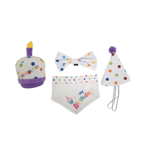Dog Birthday 4 piece Kit: Bandana, Hat, Bow Tie, Cupcake Plush Toy by American Pet Supplies