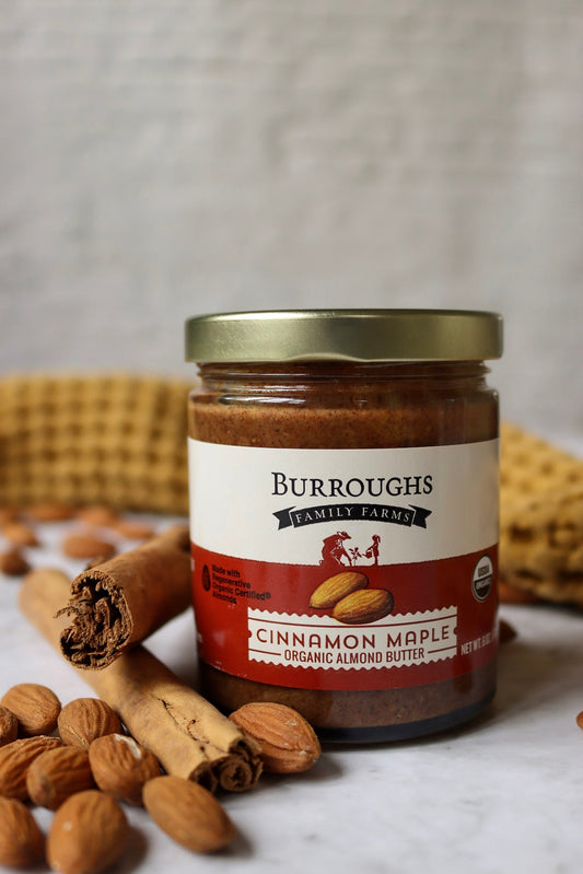 Organic Cinnamon Maple Almond Butter made with ROC Almonds by Burroughs Family Farms