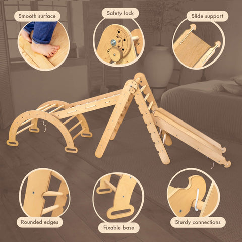 5in1 Montessori Climbing Frame Set: Triangle Ladder + Arch/Rocker + Slide Board/Ramp + Netting rope + Cushion by Goodevas
