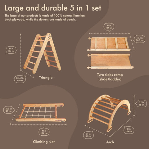 5in1 Montessori Climbing Frame Set: Triangle Ladder + Arch/Rocker + Slide Board/Ramp + Netting rope + Cushion by Goodevas