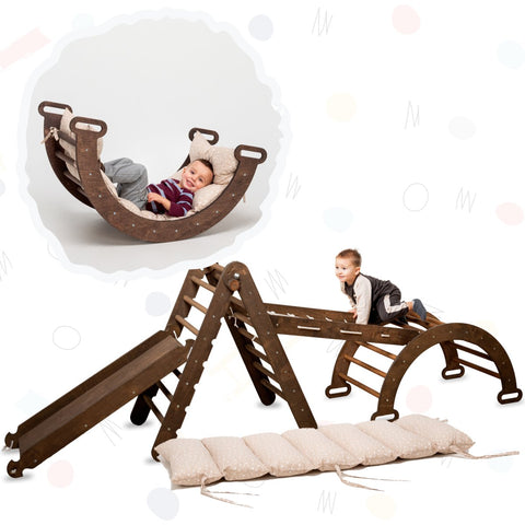 5in1 Montessori Climbing Set: Triangle Ladder + Arch/Rocker + Slide Board/Ramp + Net + Cushion – Chocolate by Goodevas