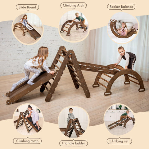 5in1 Montessori Climbing Set: Triangle Ladder + Arch/Rocker + Slide Board/Ramp + Net + Cushion – Chocolate by Goodevas