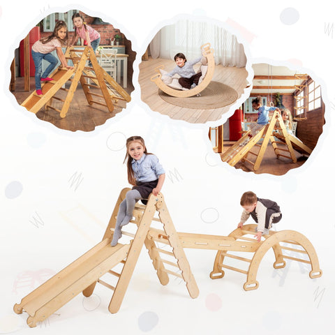 6in1 Montessori Climbing Frame Set: Triangle Ladder + Arch/Rocker + Slide/Ramp + Net + Cushion + Art Addition by Goodevas