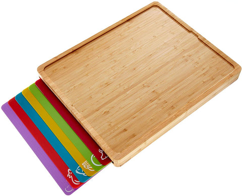 Easy-to-Clean Bamboo Wood Cutting Board with set of 6 Color-Coded Flexible Cutting Mats with Food Icons by Cooler Kitchen