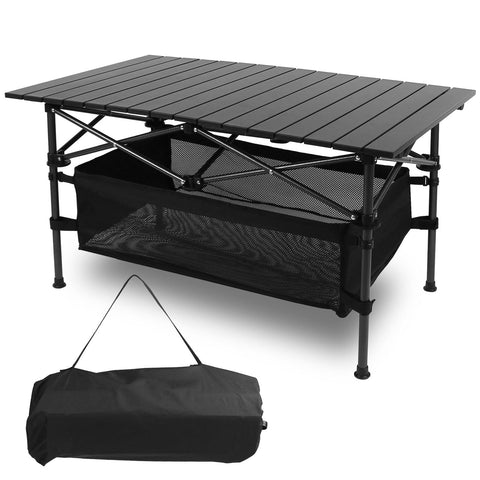 Folding Camping Table Portable Lightweight Aluminum Roll-up Picnic BBQ Desk with Carrying Bag Heavy Duty Outdoor Beach Backyard Party Patio - Black by VYSN