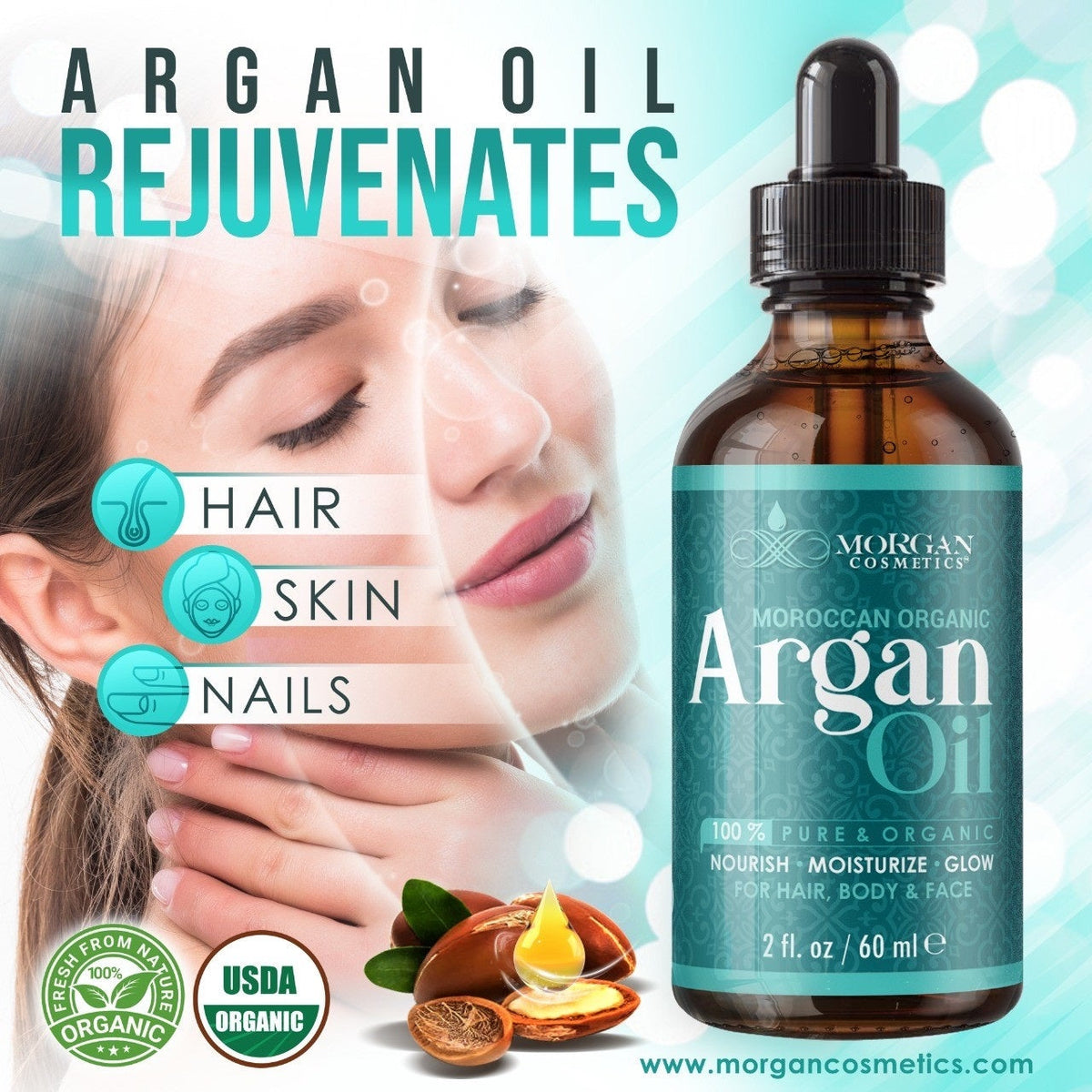 Organic Argan Oil For Hair, Skin and Body 2 oz / 60 ml by Morgan Cosmetics