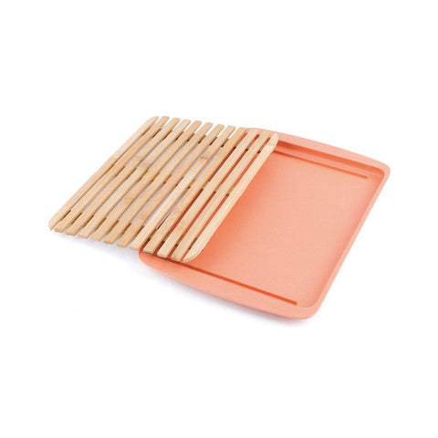 Bamboo Wood Cutting Board Lid w/ drop-through crumb spaces; on Bamboo Fibre Large Serving Tray Peach by Peterson Housewares & Artwares