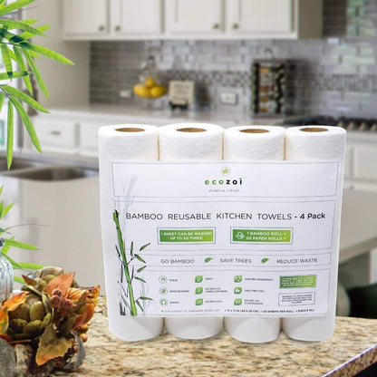 Reusable Bamboo Kitchen Paper Towels - Tree-Free, Eco-Friendly Rolls, 4-Pack by ecozoi