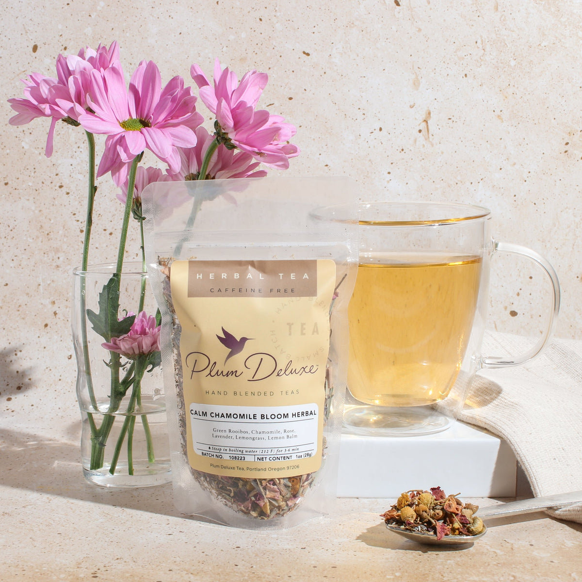 Calm Chamomile Bloom Herbal Tea (Rose - Lavender) by Plum Deluxe Tea