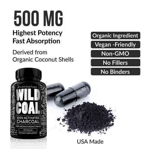 Activated Charcoal Capsules made from 100% Organic Coconuts, 120ct by Wild Foods