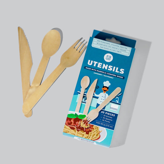 Wooden Utensils (Knives, Spoons, Forks) - Pack of 30 (10 each) by EQUO