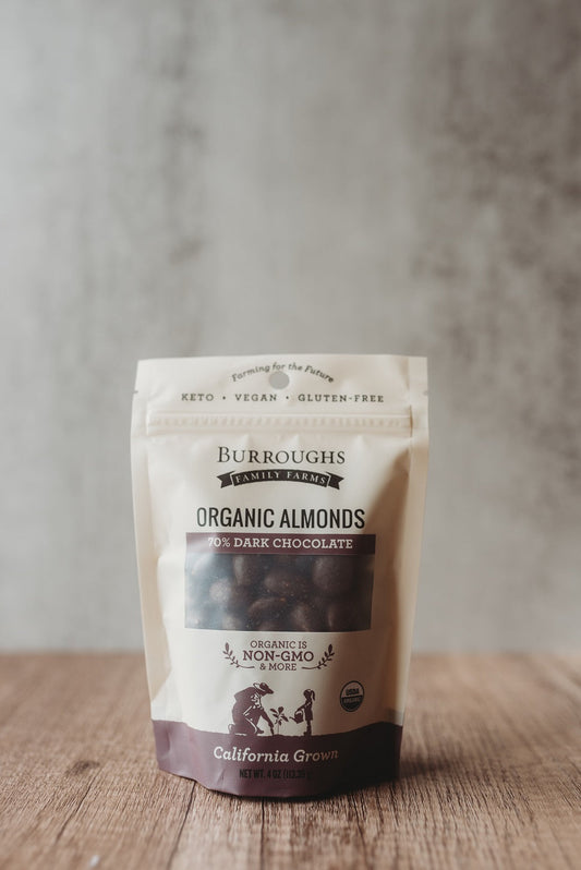 Organic 70% Dark Chocolate Almonds made with ROC Almonds by Burroughs Family Farms