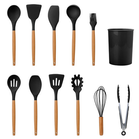 11-Piece Silicone Cooking Utensil Set with Heat-Resistant Wooden Handle - Spatula, Turner, Ladle, Spaghetti Server, Tongs, Spoon, Egg Whisk, and more! - Black by VYSN