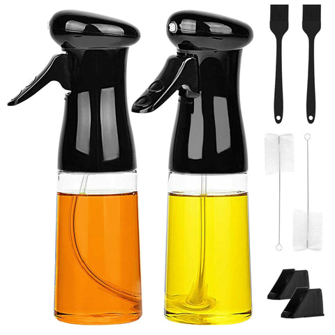 210ML 7.1OZ Olive Oil Sprayer 2Pcs - Reusable Dispenser w/ Cleaning Brush - Cooking BBQ, Roast, Salad - Refillable Glass Vinegar Bottle - Black by VYSN